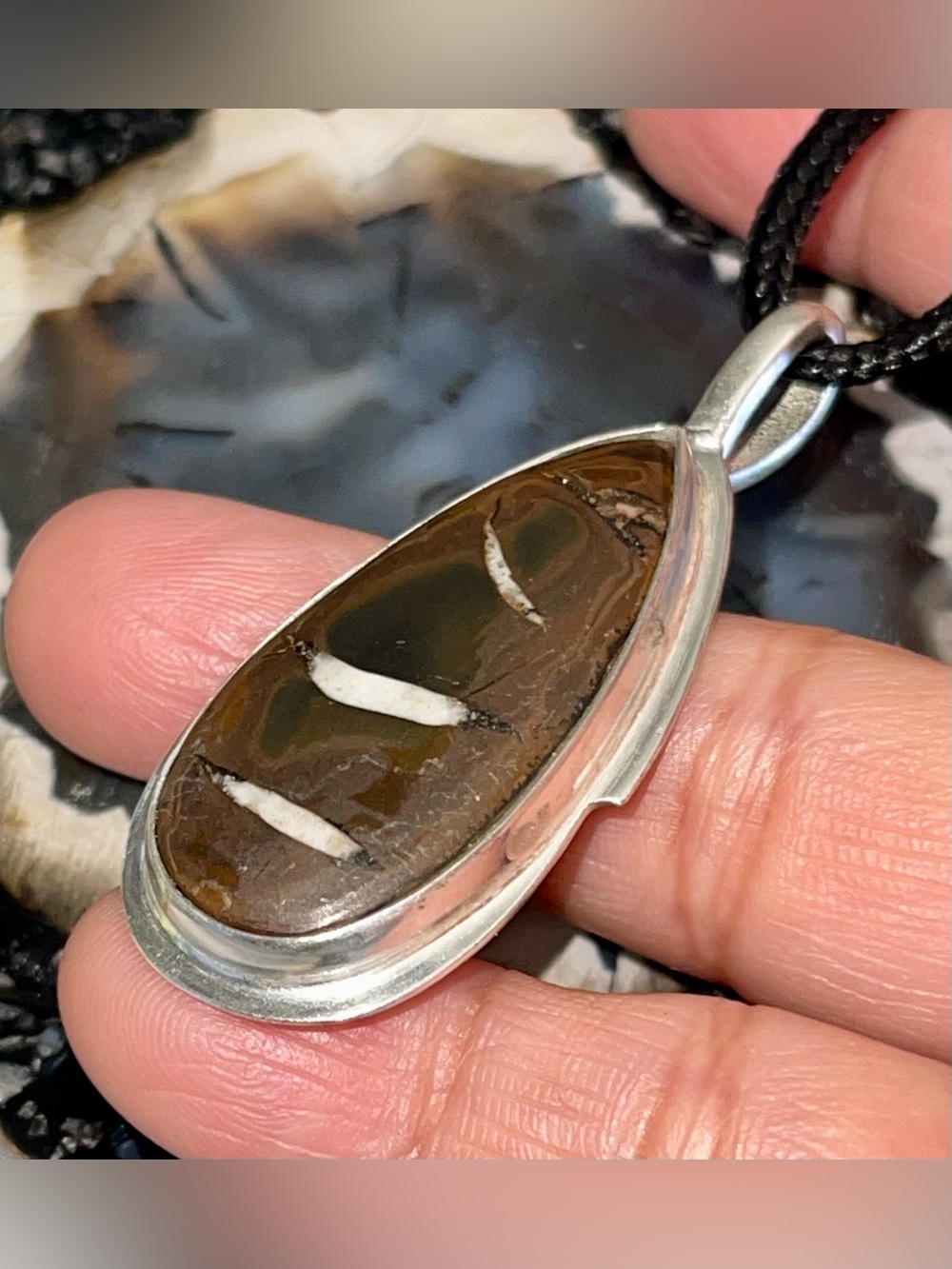 Dainty Dark Septarian Nodule Dragon Stone Crystal Pendant 2”
